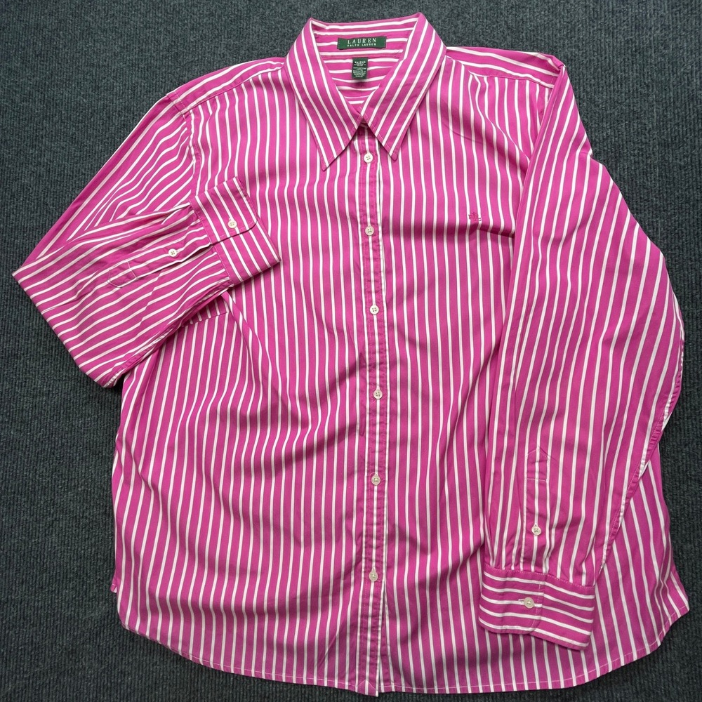 Lauren Ralph Lauren Striped Button Down Shirt Pink White 2X Plus Size Preppy - Picture 2 of 4